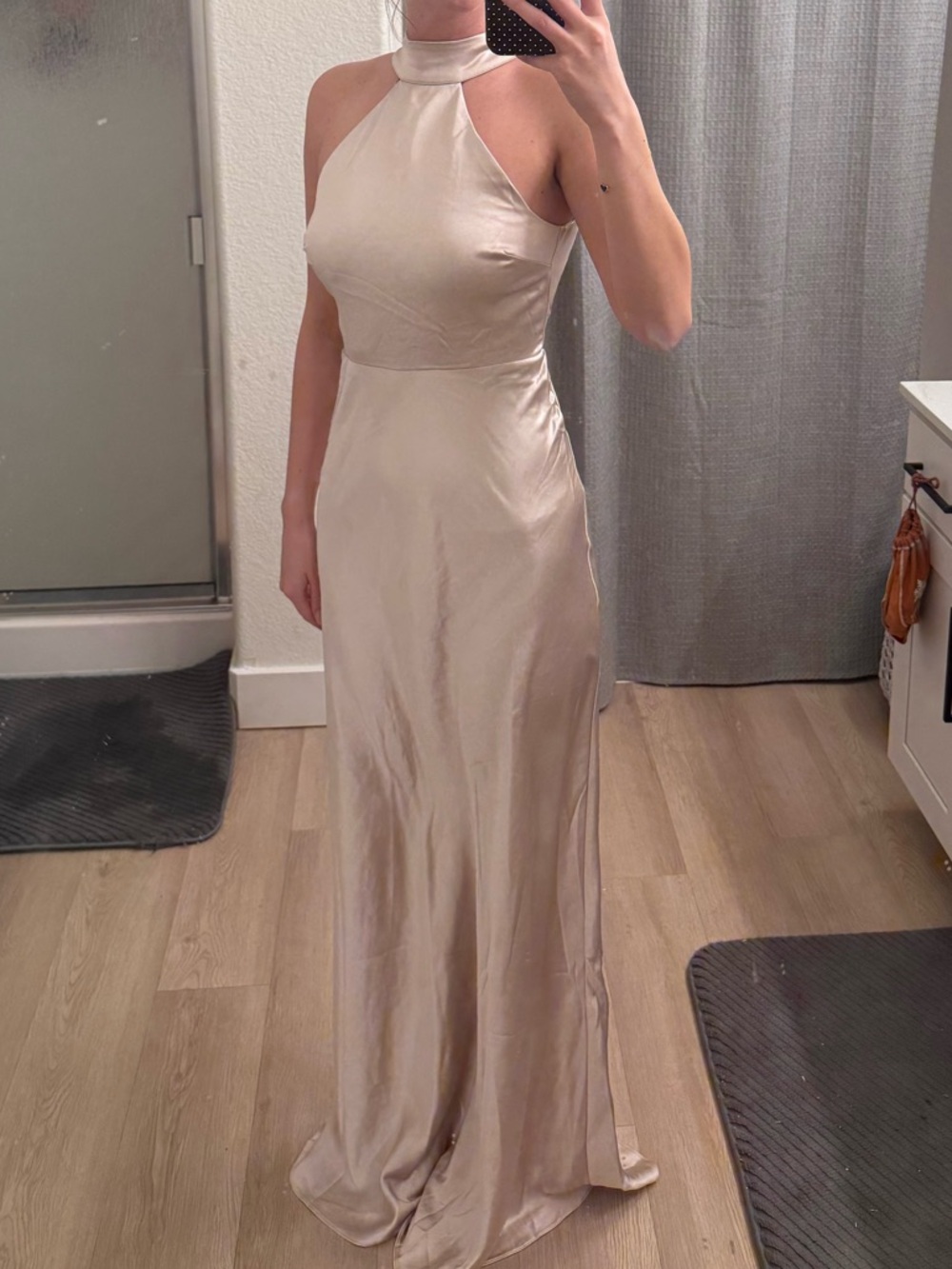 Satin High-Neck Maxi Dress in Oyster
